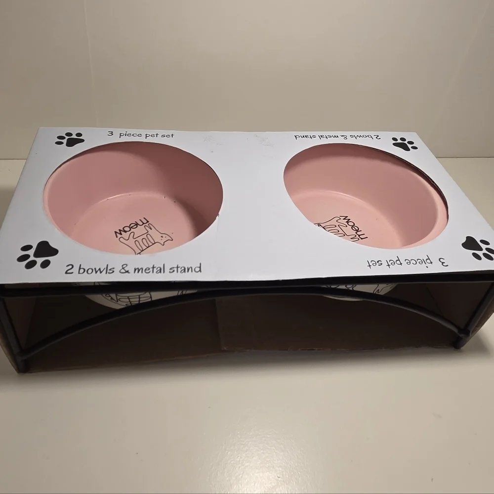 Ceramic Pet Bowl 3-Piece Set for Cats & Metal Stand New